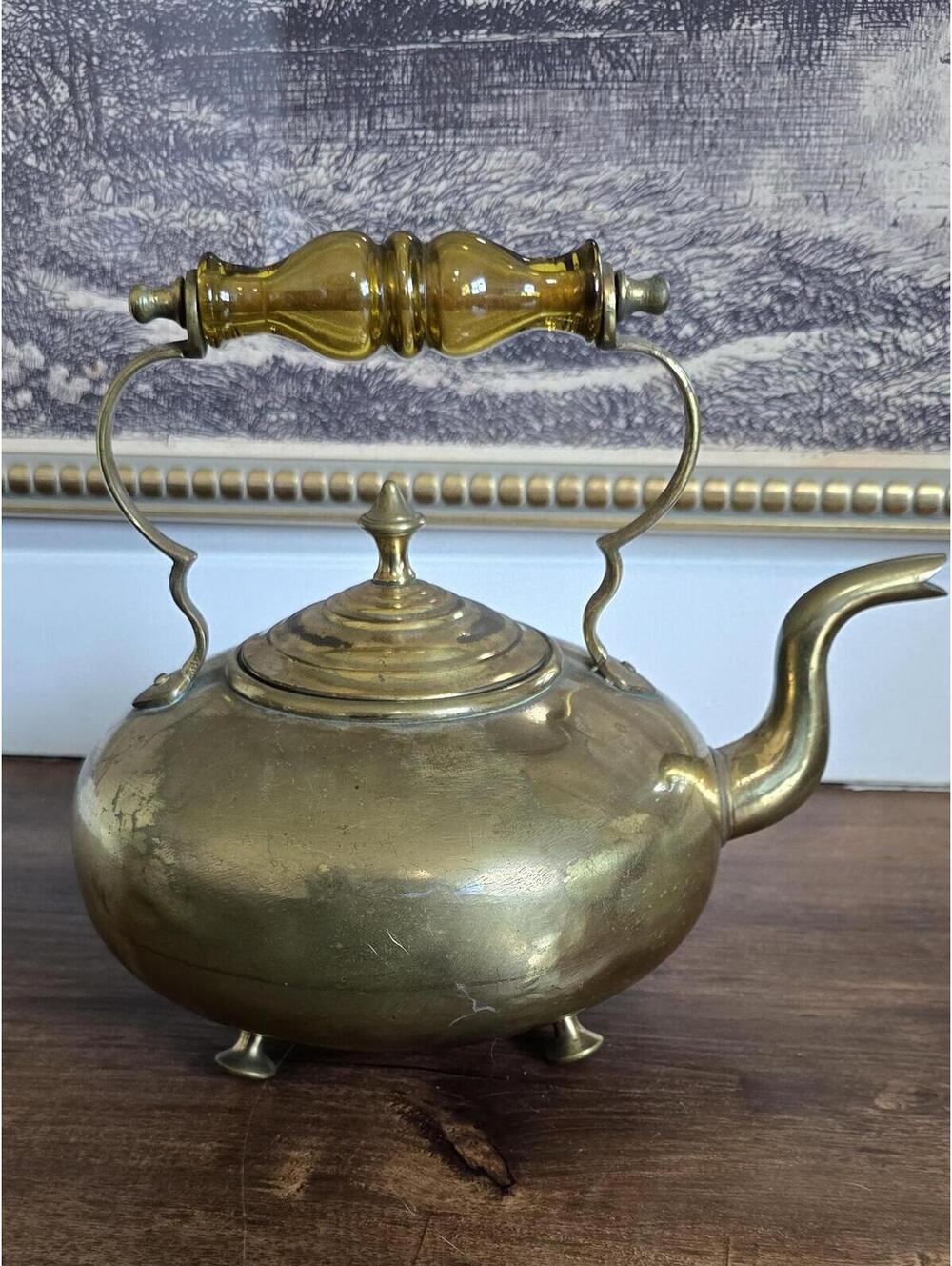 Antique Brass Toddy Kettle James Clews Birmingham, Amber Glass Handle - Picture 2 of 3